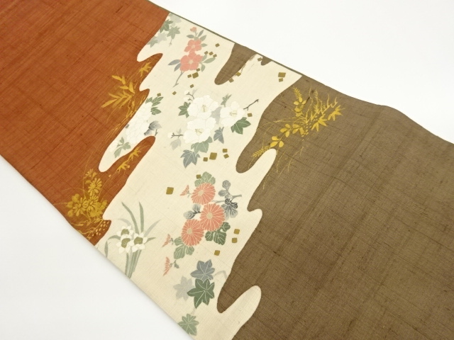 JAPANESE FUKURO OBI / EMBROIDERY / TSUMUGI / KINSAI / SHIKISHI PATTERN